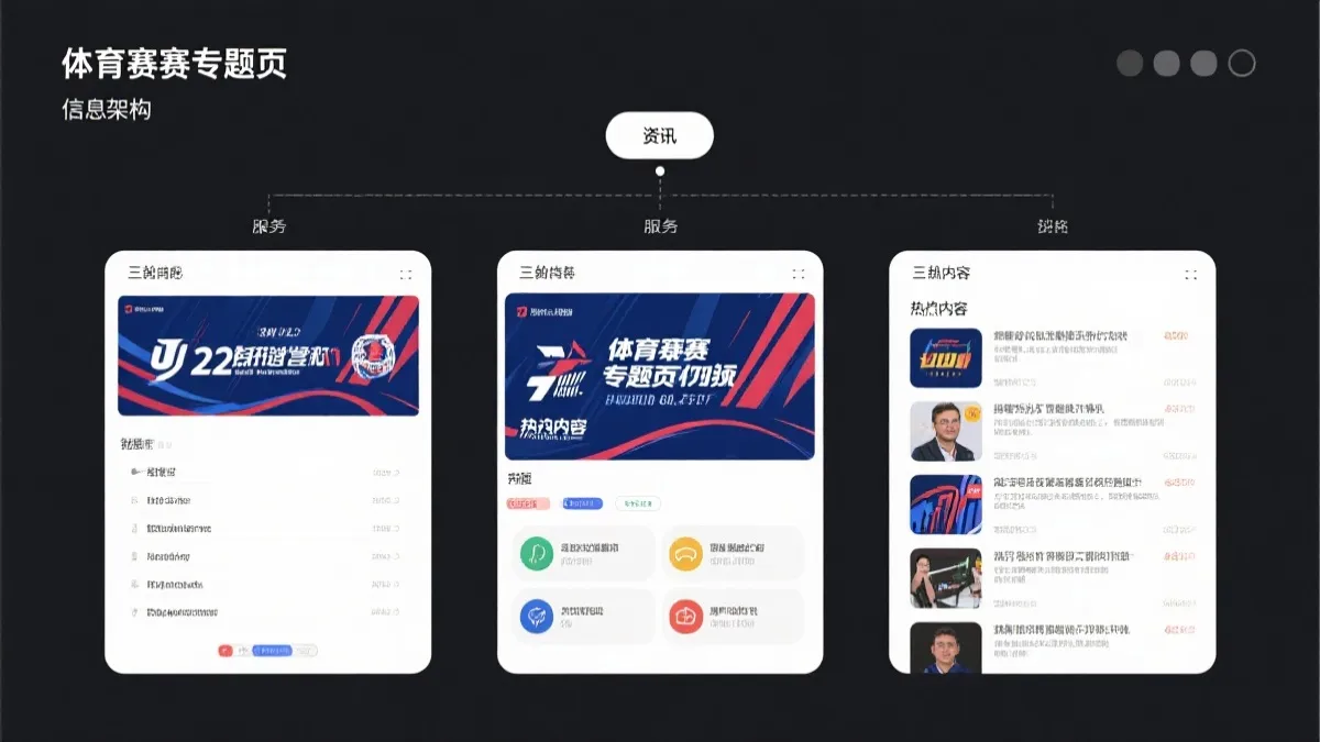 网页专题信息架构示意，包含资讯类、服务类、内容消费类三大板块