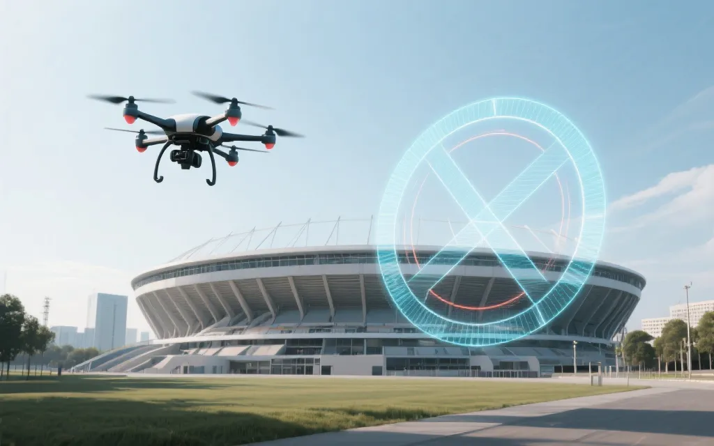 无人机在城市上空与体育场附近的禁飞提示概念画面，强调空域规则与安全